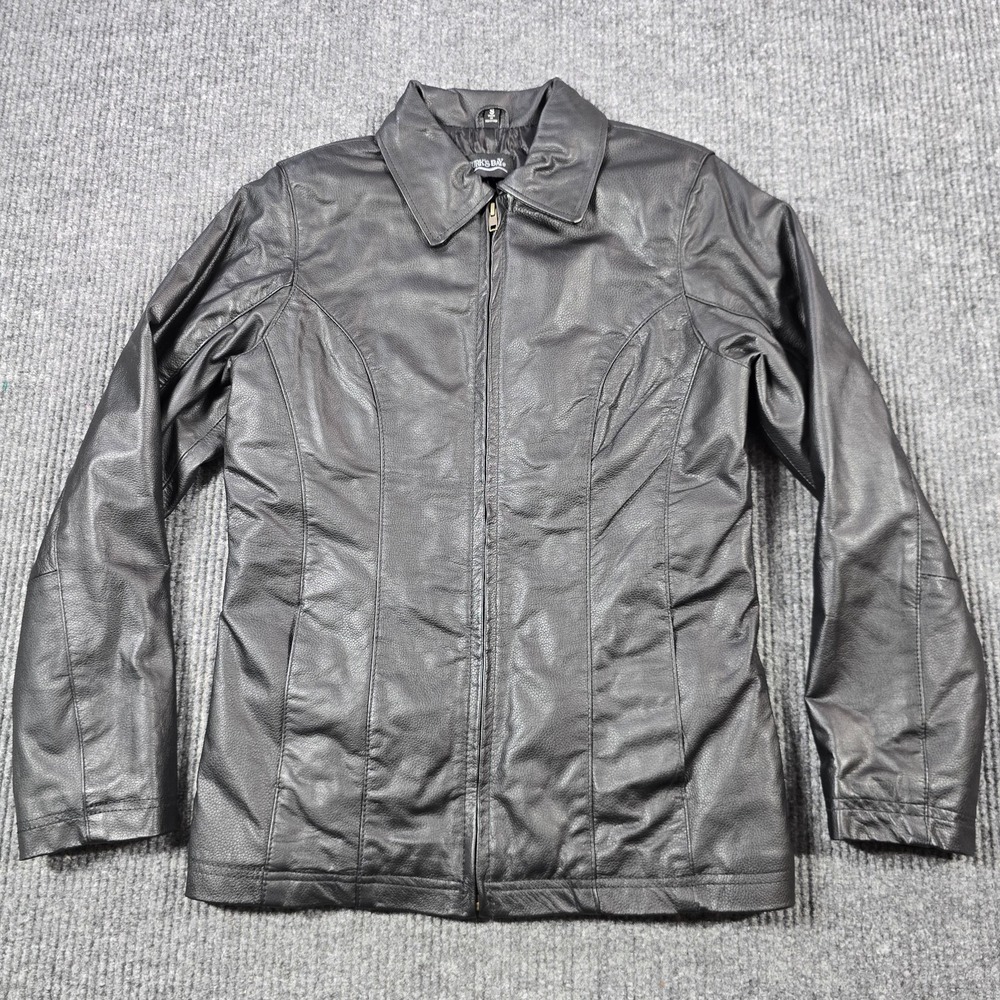 Burk's Bay Jacket Womens Small Black Genuine Leather‎ Quilted Lined YKK Zip Warm